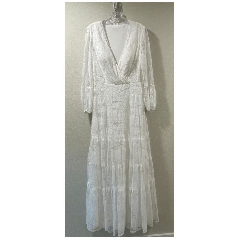 Merry's Romantic White Lace V-Neck Surplice Long Sleeve Tiered Maxi Dress 14 NWT